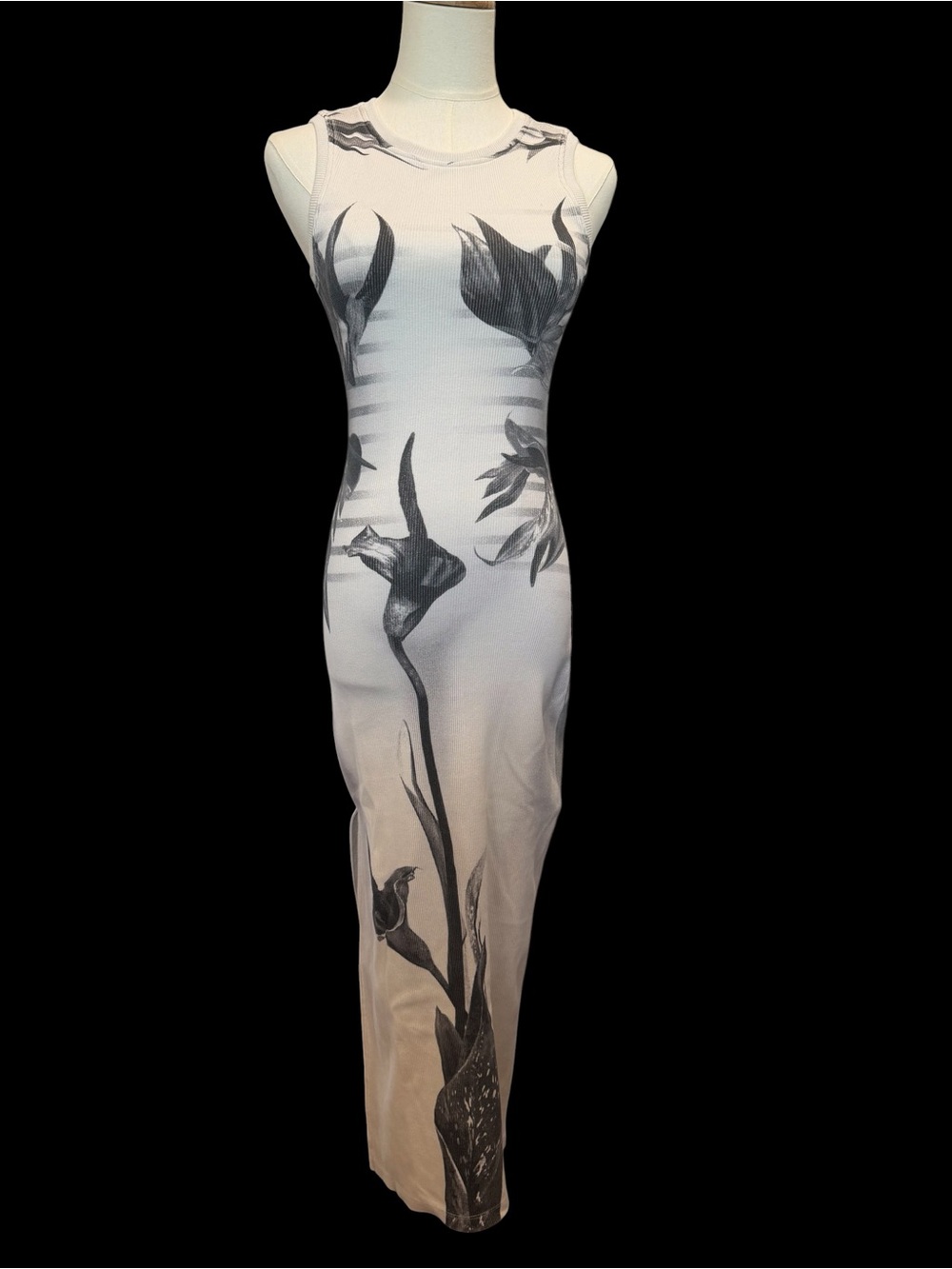 Jean Paul Gaultier White Maxi Dress with Black Floral Motif